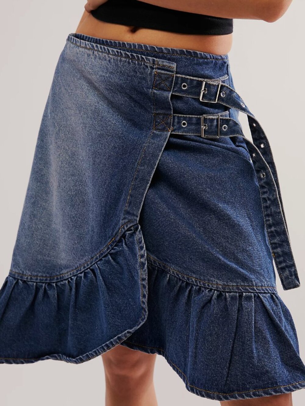 Free People The Ragged Priest Y2K Buckle Denim Asymmetrical Wrap Skirt Size 8
